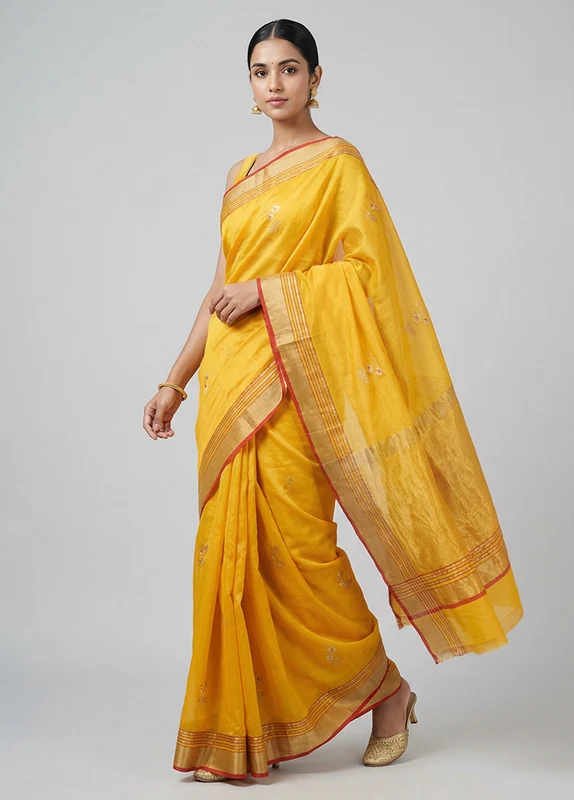 Yellow Handloom Chanderi Pure Silk Saree With Blouse Piece One Size