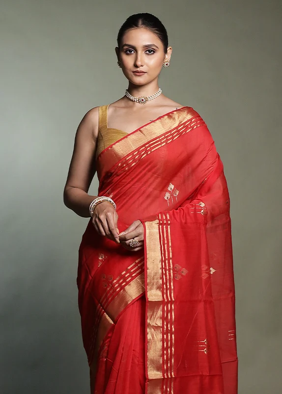 Red Handloom Chanderi Pure Cotton Saree With Blouse Piece Onesize