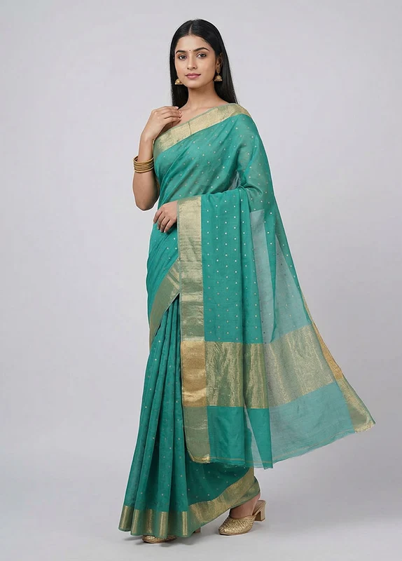 Green Handloom Chanderi Pure Silk Saree With Blouse Piece One Size