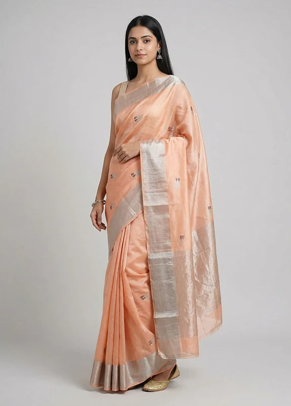Peach Handloom Chanderi Pure Silk Saree With Blouse Piece One Size