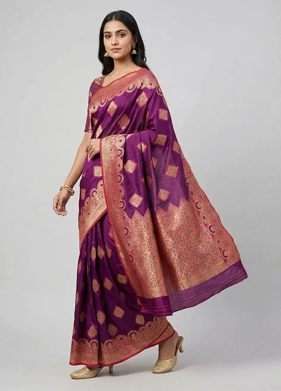 Purple Dupion Silk Saree With Blouse Piece One Size