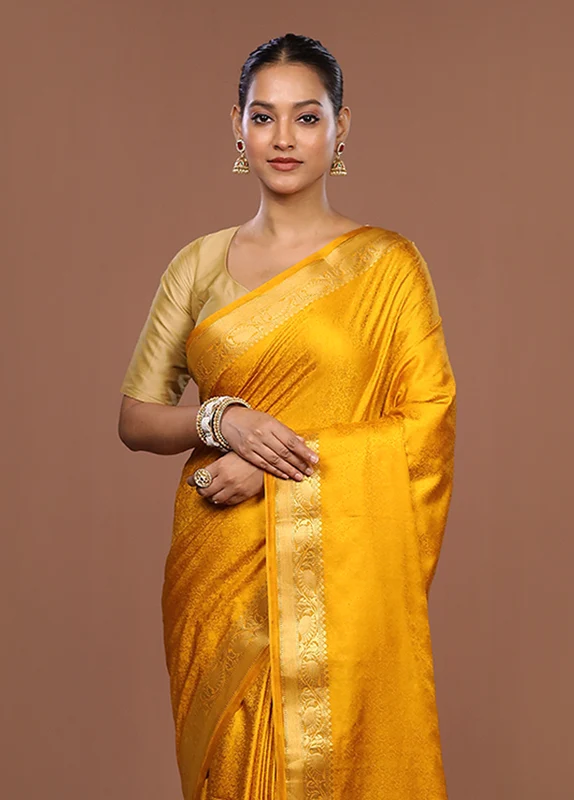 Yellow Dupion Silk Saree With Blouse Piece One Size