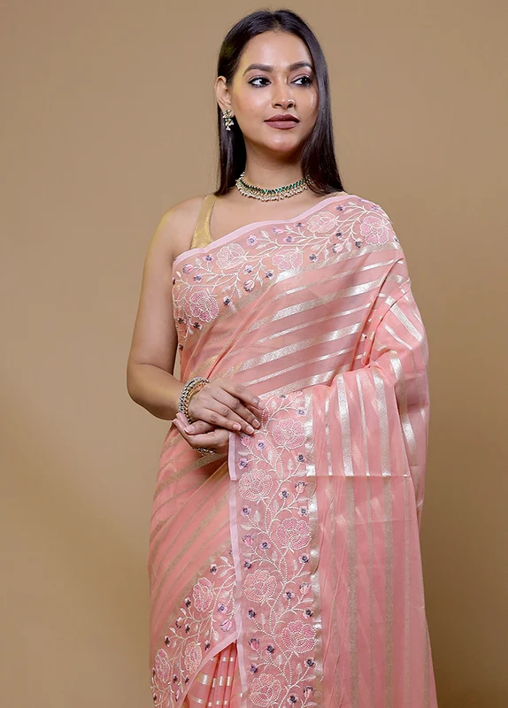 Pink Organza Saree With Blouse Piece Onesize