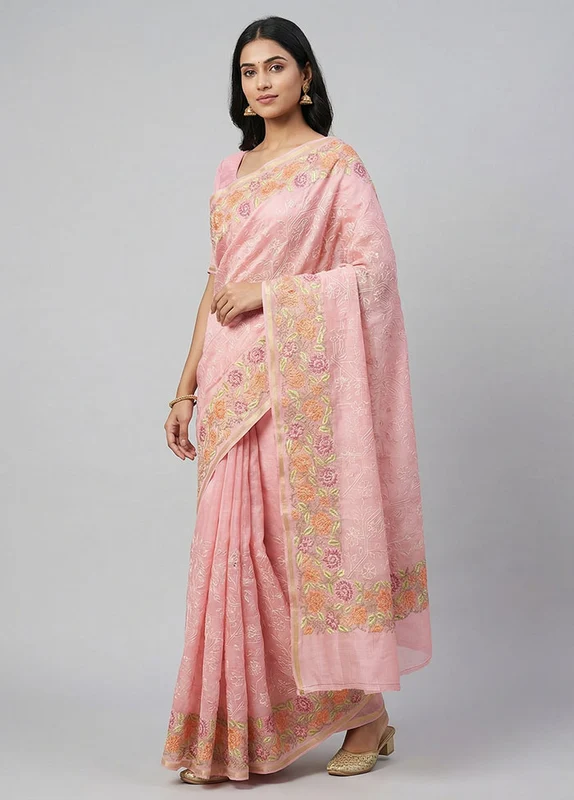 Pink Organza Saree With Blouse Piece One Size