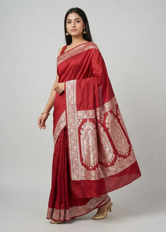 Maroon Katan Silk Saree With Blouse Piece One Size