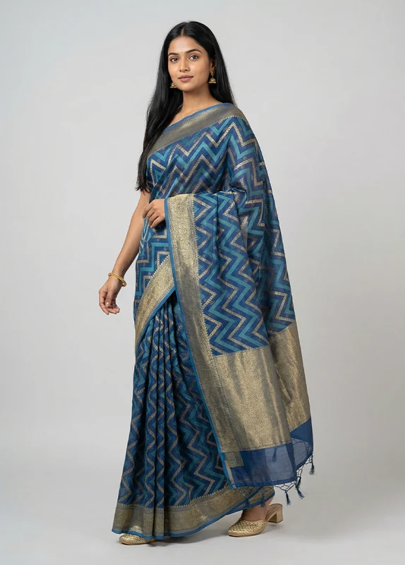 Blue Kora Silk Saree With Blouse Piece One Size