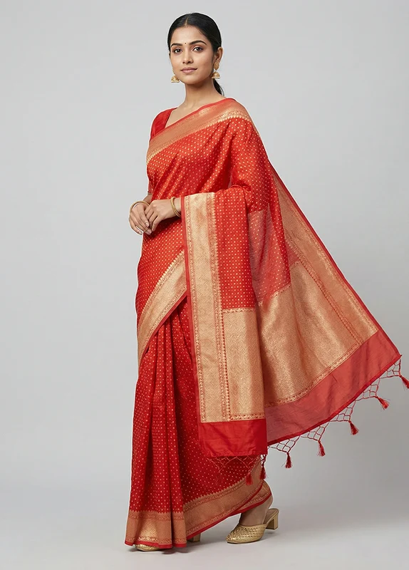 Red Kora Silk Saree With Blouse Piece One Size