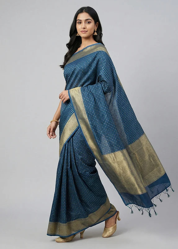 Blue Kora Silk Saree With Blouse Piece One Size