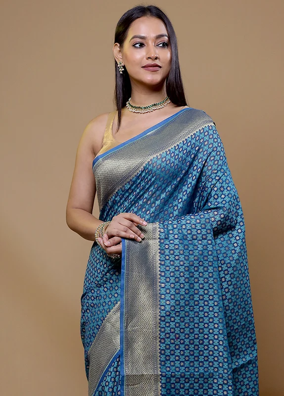 Blue Kora Silk Saree With Blouse Piece Onesize