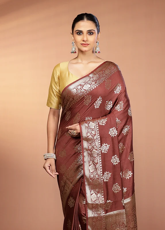 Brown Cotton Saree With Blouse Piece One Size