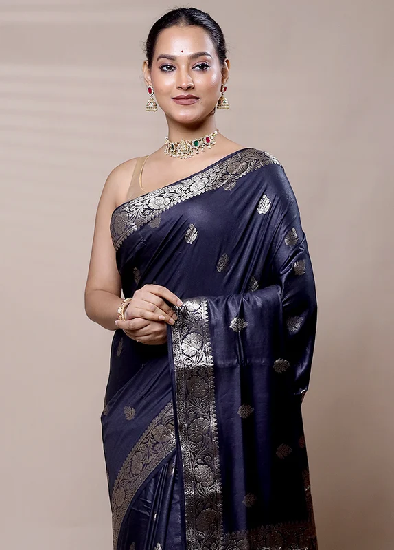Black Cotton Saree With Blouse Piece Onesize