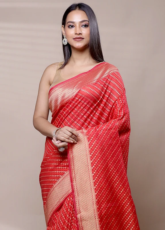Red Kora Silk Saree With Blouse Piece Onesize