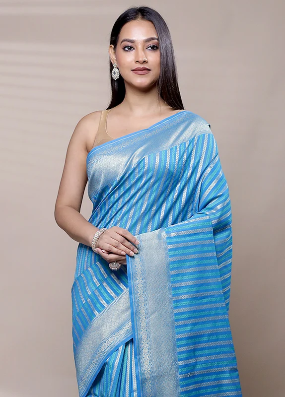 Blue Kora Silk Saree With Blouse Piece Onesize