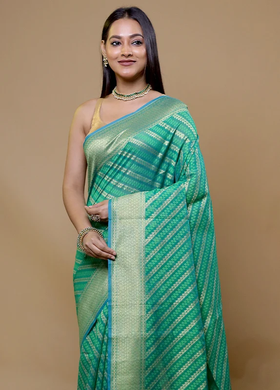 Green Kora Silk Saree With Blouse Piece Onesize