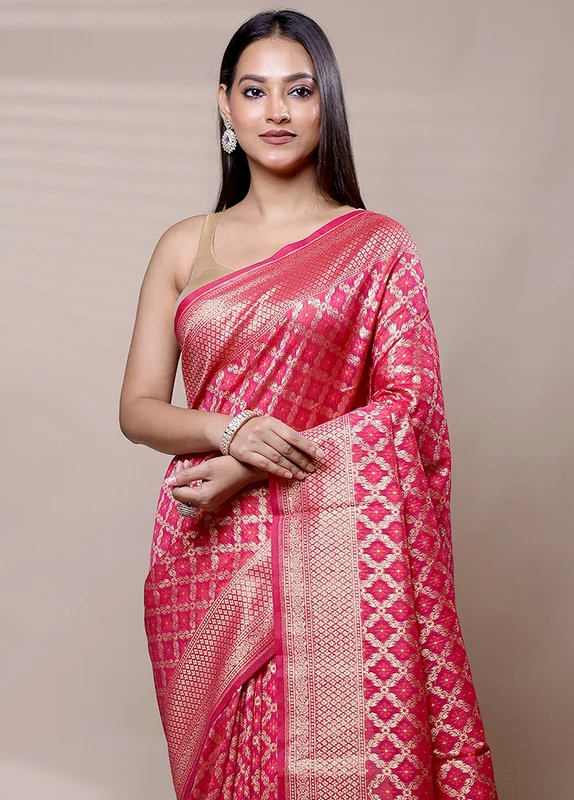 Pink Kora Silk Saree With Blouse Piece Onesize