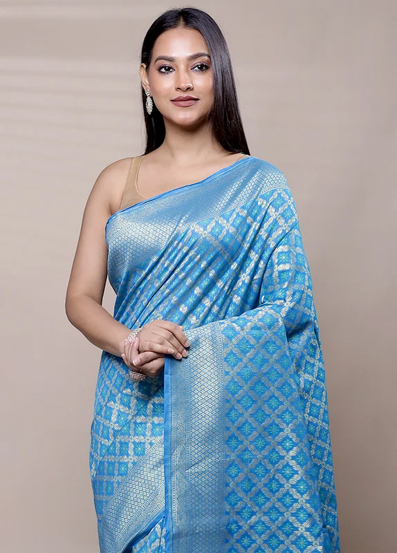 Blue Kora Silk Saree With Blouse Piece Onesize