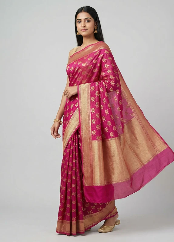 Pink Kora Silk Saree With Blouse Piece One Size