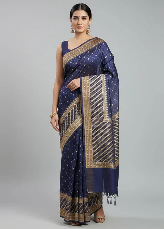 Blue Kora Silk Saree With Blouse Piece One Size