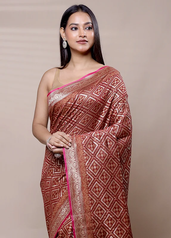 Brown Kora Silk Saree With Blouse Piece Onesize