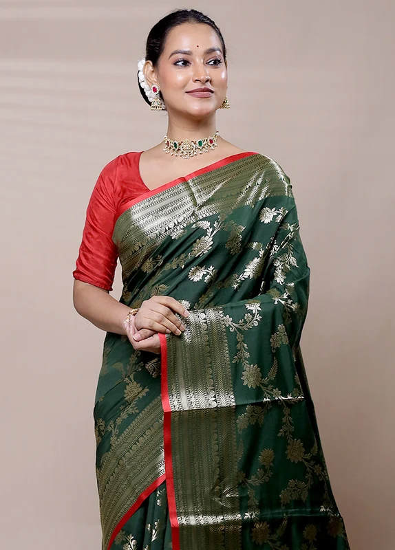 Green Dupion Silk Saree With Blouse Piece Onesize