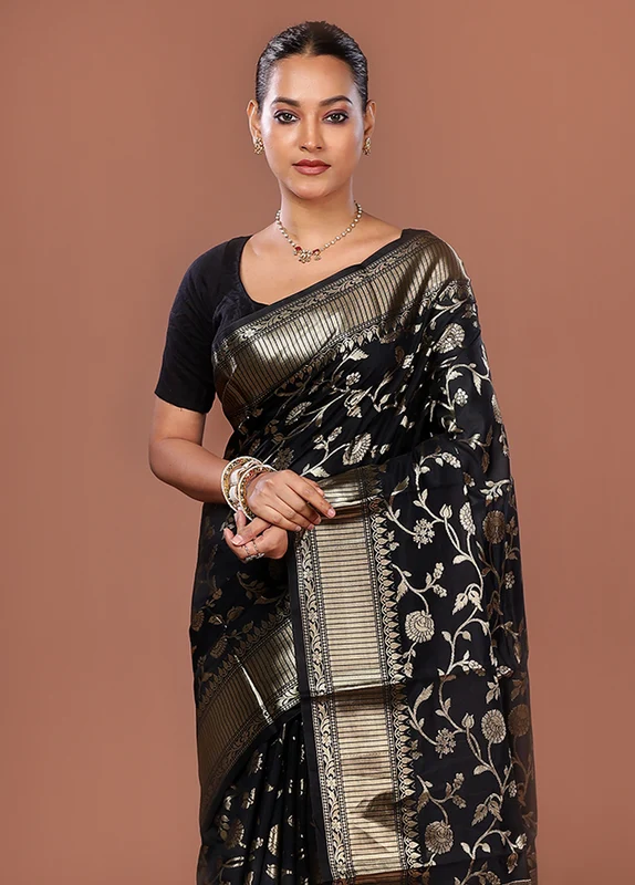 Black Dupion Silk Saree With Blouse Piece One Size