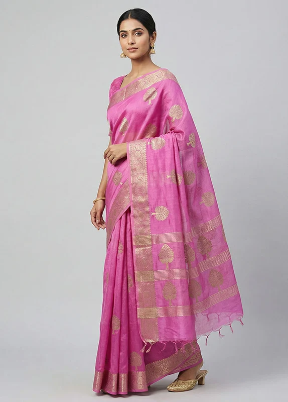 Pink Organza Saree With Blouse Piece One Size