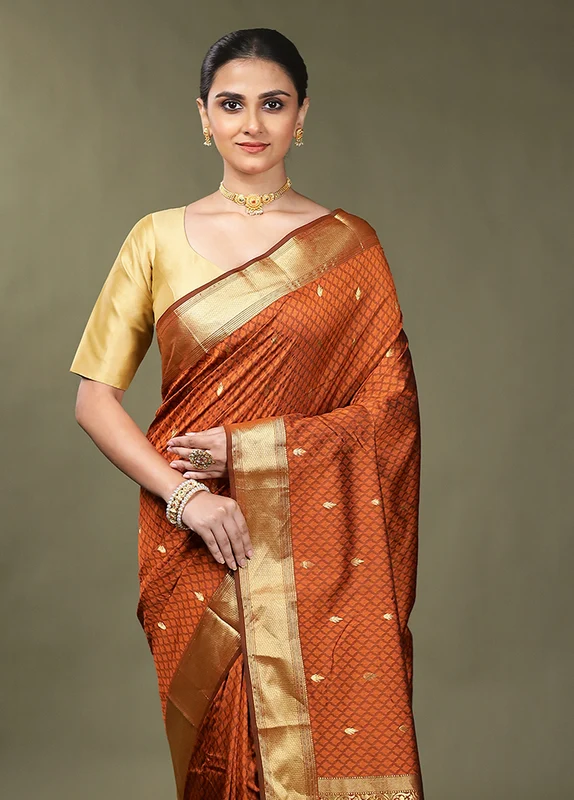 Rust Kanjivaram Silk Saree With Blouse Piece Onesize