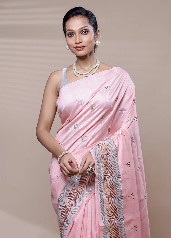 Pink Tussar Silk Saree With Blouse Piece Onesize