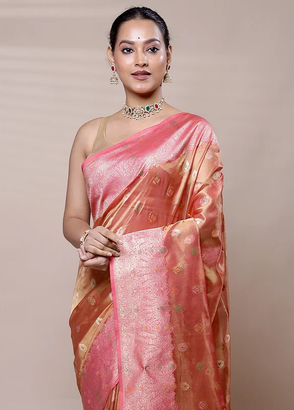 Peach Tissue Silk Saree With Blouse Piece Onesize