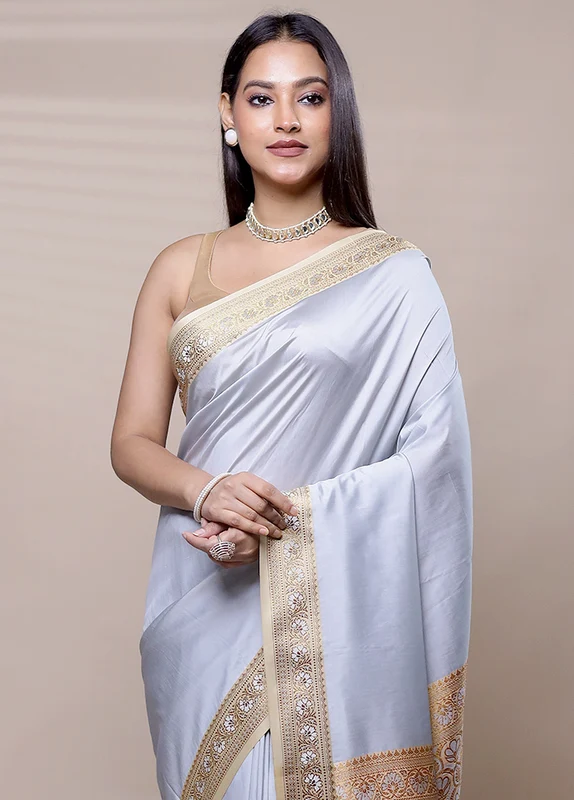 Grey Dupion Silk Saree With Blouse Piece Onesize