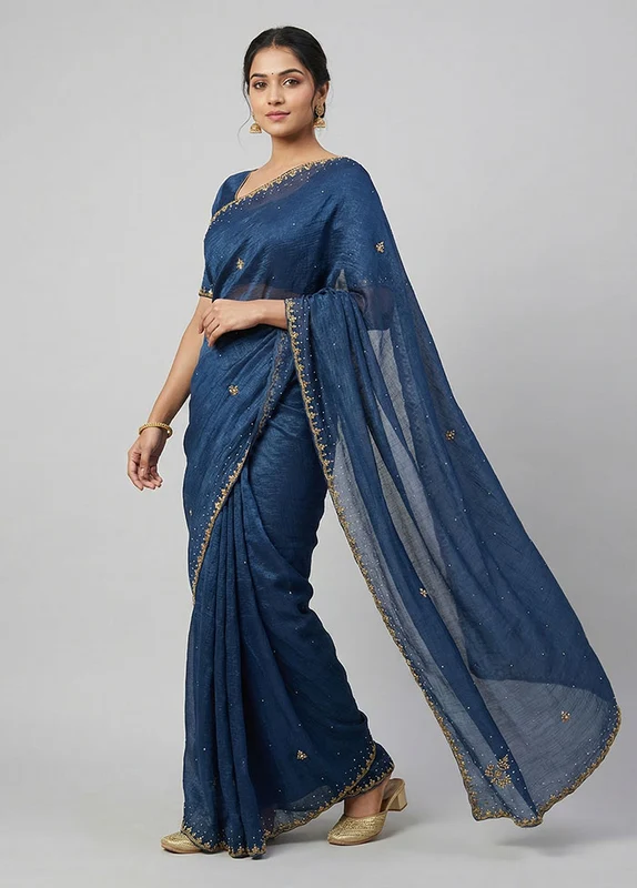 Blue Chiffon Silk Saree With Blouse Piece One Size