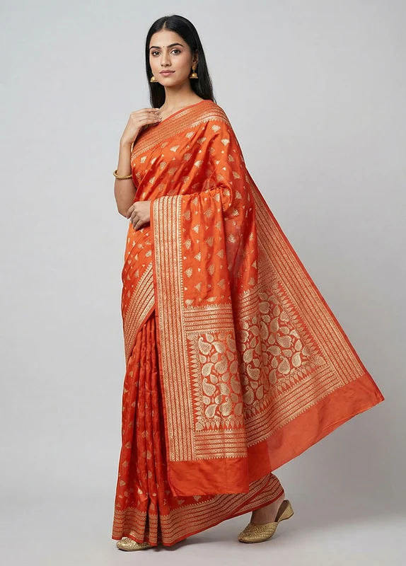 Red Banarasi Silk Saree With Blouse Piece One Size