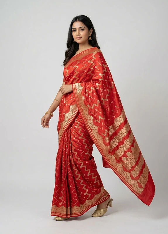 Red Banarasi Silk Saree With Blouse Piece One Size