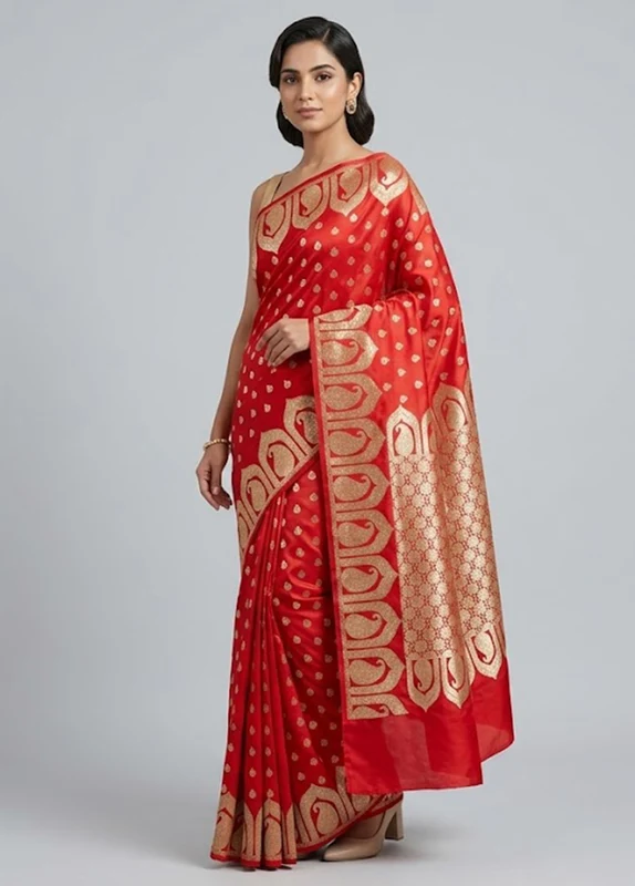 Red Banarasi Silk Saree With Blouse Piece One Size
