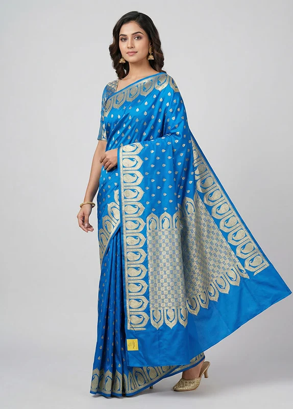 Blue Banarasi Silk Saree With Blouse Piece One Size