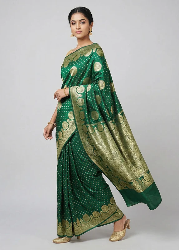 Green Banarasi Silk Saree With Blouse Piece One Size