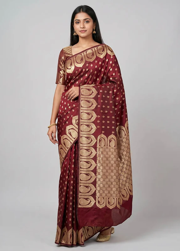 Maroon Banarasi Silk Saree With Blouse Piece One Size
