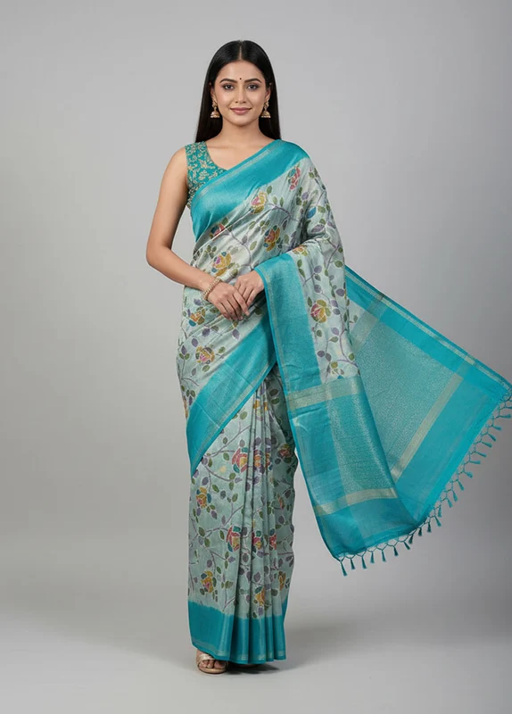 Green Tissue Silk Saree With Blouse Piece One Size