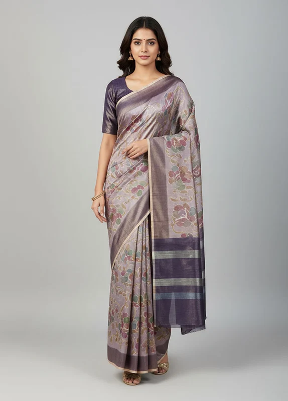 Blue Tissue Silk Saree With Blouse Piece One Size
