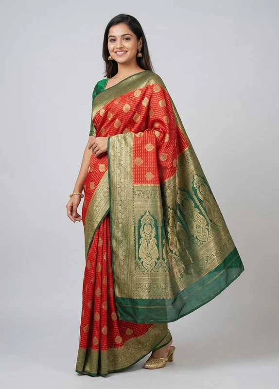 Red Georgette Saree With Blouse Piece One Size
