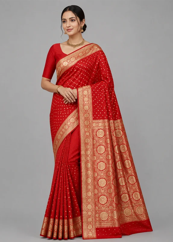 Red Banarasi Silk Saree With Blouse Piece One Size