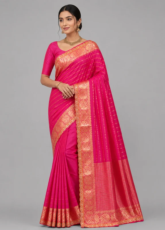 Pink Chiffon Silk Saree With Blouse Piece One Size