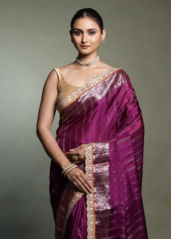 Purple Chiffon Silk Saree With Blouse Piece Onesize