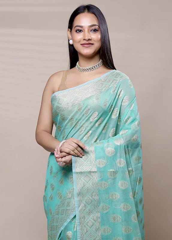 Green Net Saree With Blouse Piece Onesize