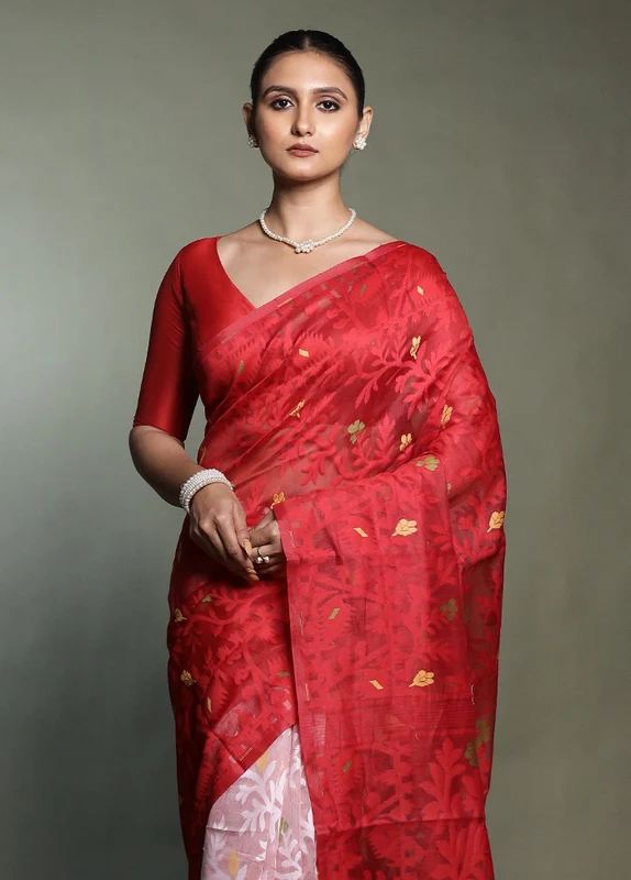 Red Cotton Saree With Blouse Piece Onesize