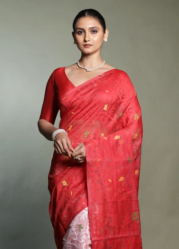 Red Cotton Saree With Blouse Piece Onesize