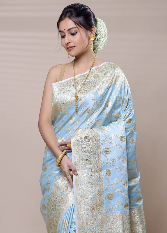 Sky Banarasi Silk Saree With Blouse Piece Onesize