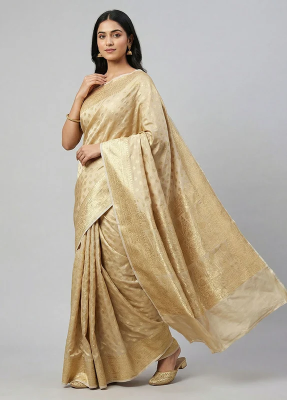 Cream Banarasi Silk Saree With Blouse Piece One Size