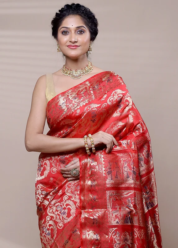 Red Handloom Baluchari Pure Silk Saree With Blouse Piece Onesize