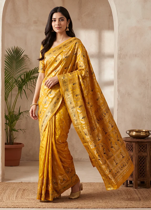 Yellow Handloom Baluchari Pure Silk Saree With Blouse Piece One Size